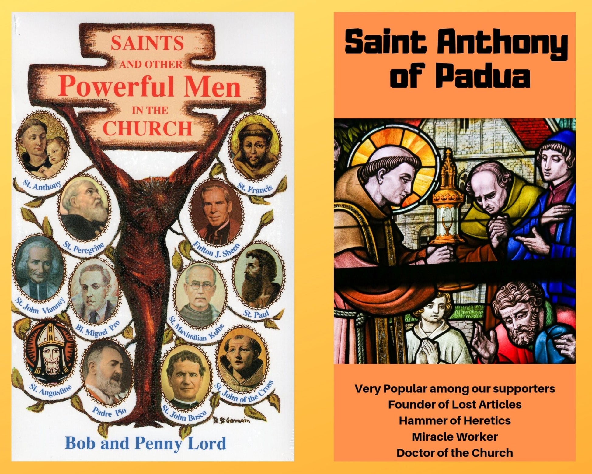 Saints and Other Powerful Men book with Saint Anthony of Padua DVD from Bob and Penny Lord Ministry, displayed with cover images.