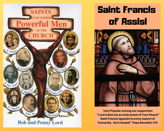 Book and DVD combo featuring Saints and Men by Bob and Penny Lord Ministry, with Saint Francis of Assisi on the DVD cover.