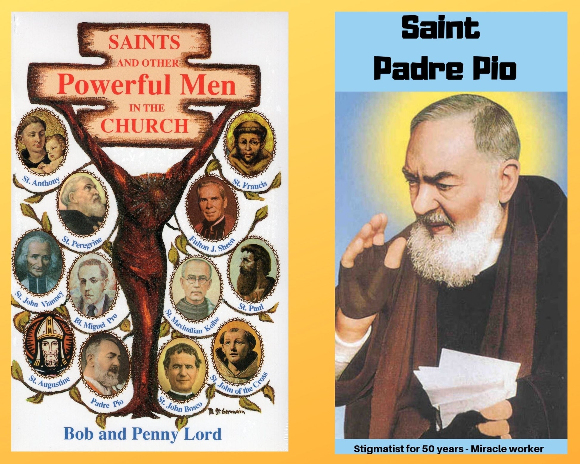 Saints and Other Powerful Men book with Saint Padre Pio DVD from Bob and Penny Lord Ministry, featuring religious content and imagery.