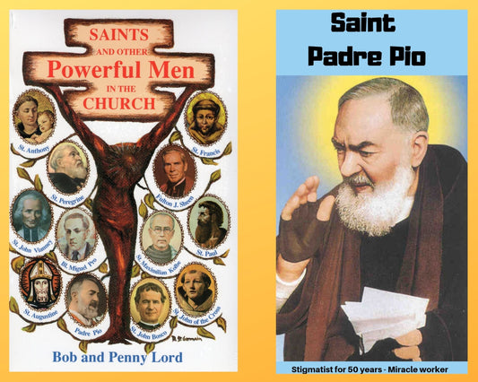 Saints and Other Powerful Men book with Saint Padre Pio DVD from Bob and Penny Lord Ministry, featuring religious content and imagery.
