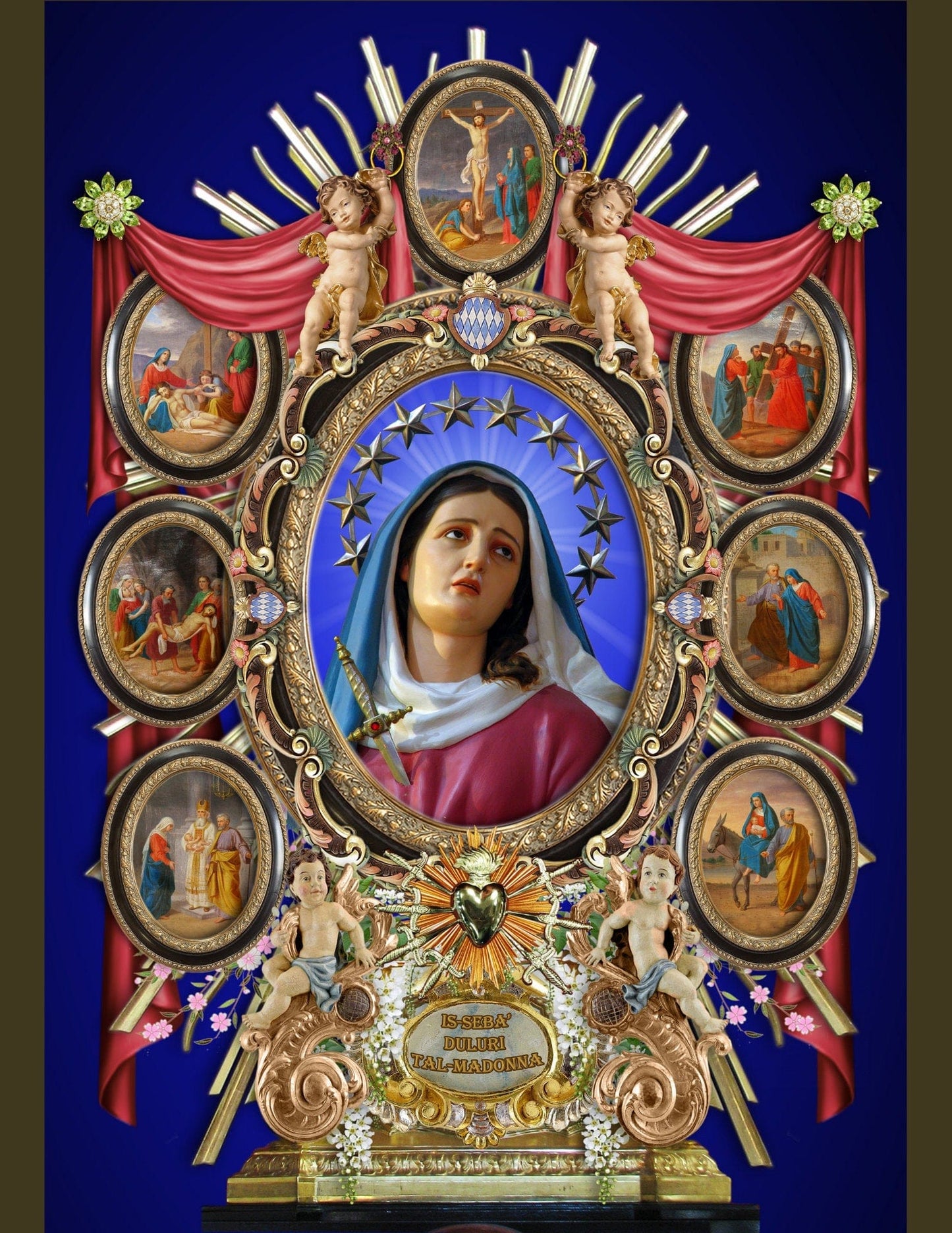 8x10 print of Seven Sorrows of Mary religious art by Bob and Penny Lord, showcasing detailed sacred imagery.