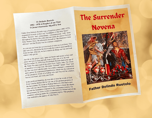 Cover of Bob and Penny Lord Ministry's Surrender Novena Prayer Booklet with prayer text and spiritual imagery.