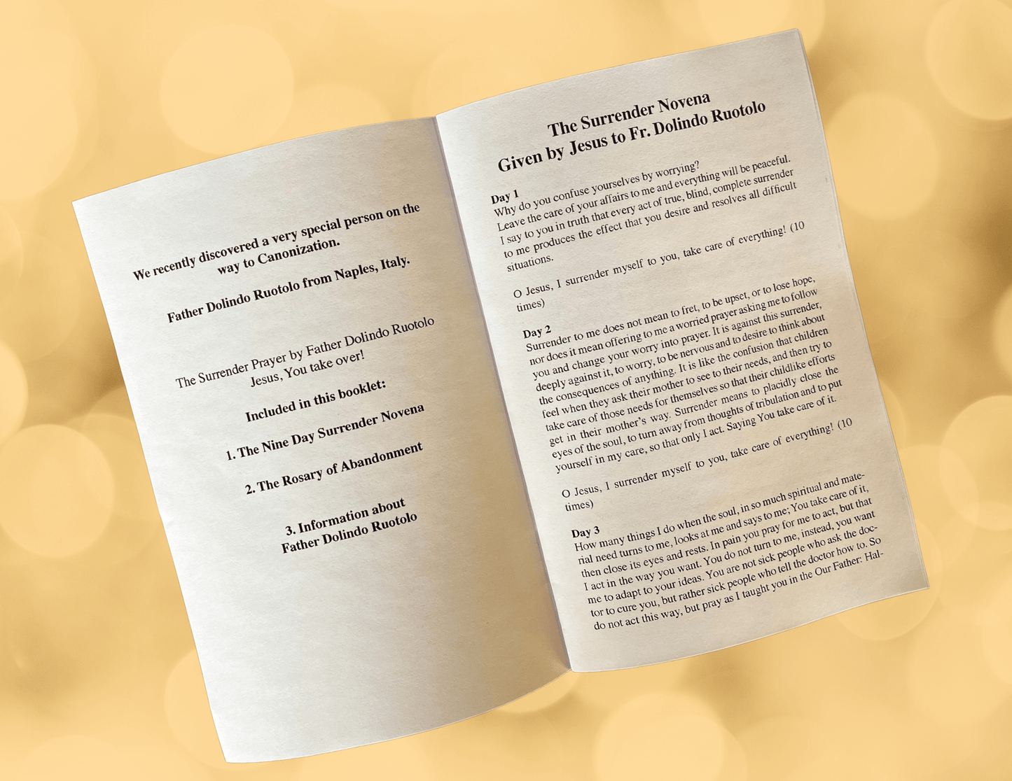Surrender Novena Prayer Booklet by Bob and Penny Lord Ministry, featuring prayer pages and spiritual guidance for devotion.