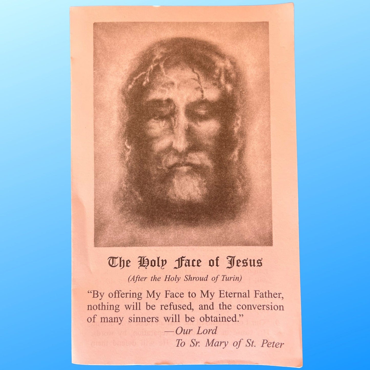 Holy Face of Jesus prayer card by Bob and Penny Lord, featuring religious imagery and Christian symbolism on a collectible Holy Card.
