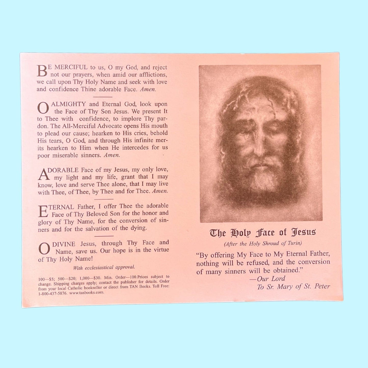Holy Face of Jesus prayer card by Bob and Penny Lord, featuring religious imagery and Christian symbolism on a collectible Holy Card.