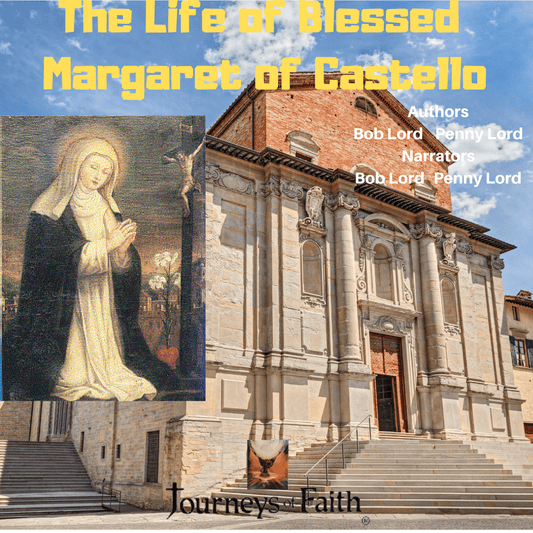 Audio CD of The Life of Blessed Margaret of Castello by Bob and Penny Lord Ministry, featuring a cover with religious artwork and text.