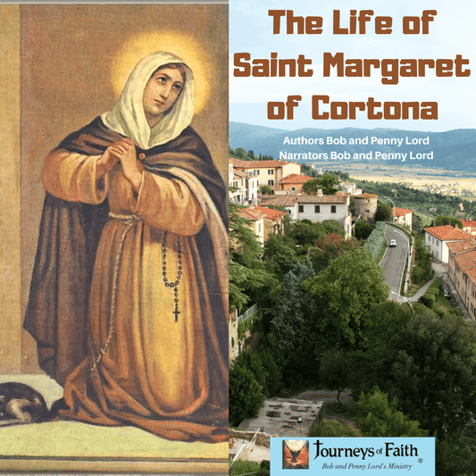 Audio CD of The Life of Saint Margaret of Cortona by Bob and Penny Lord Ministry showing the CD case with religious artwork and title.