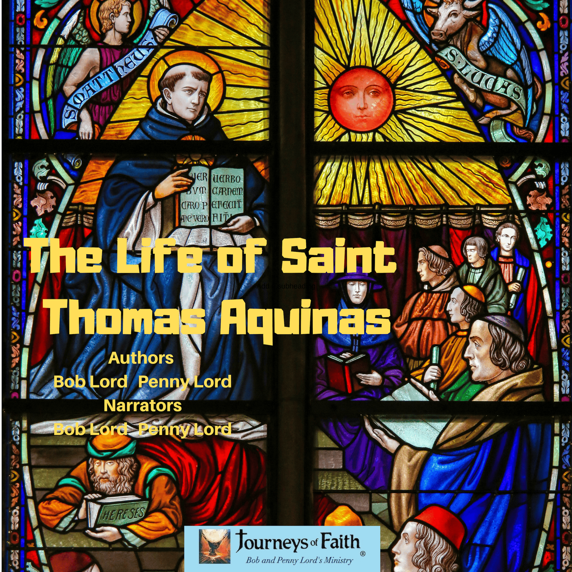 Audio CD of The Life of Saint Thomas Aquinas by Bob and Penny Lord Ministry, featuring a cover with religious artwork and CD case.