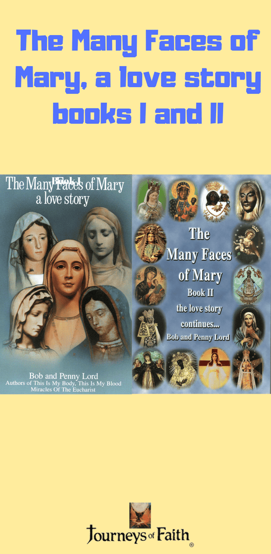 Open book titled "The Many Faces of Mary" by Bob and Penny Lord Ministry, showing pages with illustrations and text.