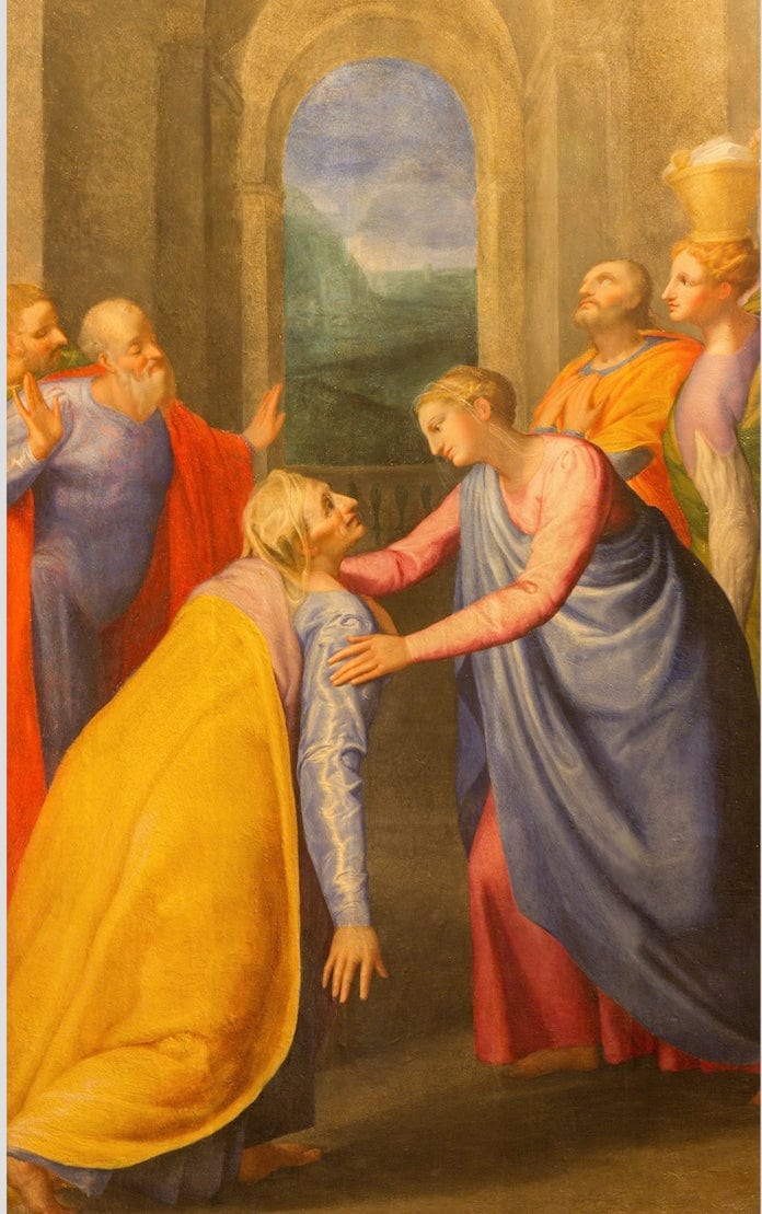 Book titled "The Rosary: The Life of Jesus and Mary" by Bob and Penny Lord, featuring an image of the visitation scene.