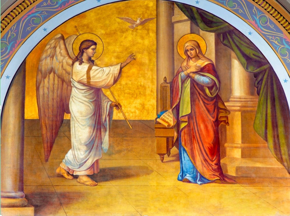 Image of "The Rosary: The Life of Jesus and Mary" book by Bob and Penny Lord featuring a detailed illustration of the Annunciation scene.