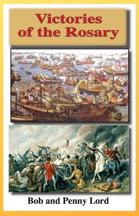 Miniature Bob and Penny Lord Victories of the Rosary minibook, featuring religious illustrations and text on the rosary's blessings.