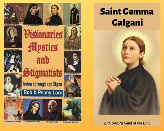 Visionaries Mystics and Stigmatists book and Saint Gemma Galgani DVD combo by Bob and Penny Lord Ministry, with spiritual imagery.