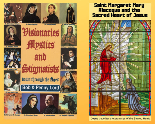 Book and DVD combo titled "Visionaries Mystics and Stigmatists" by Bob and Penny Lord, featuring Saint Margaret Mary Alacoque.