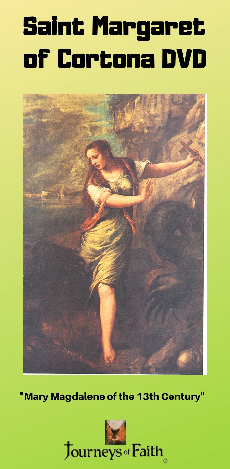 Depiction of Saint Margaret of Cortona from the "Visions of Heaven Hell and Purgatory" book by Bob and Penny Lord, showing her in religious attire.